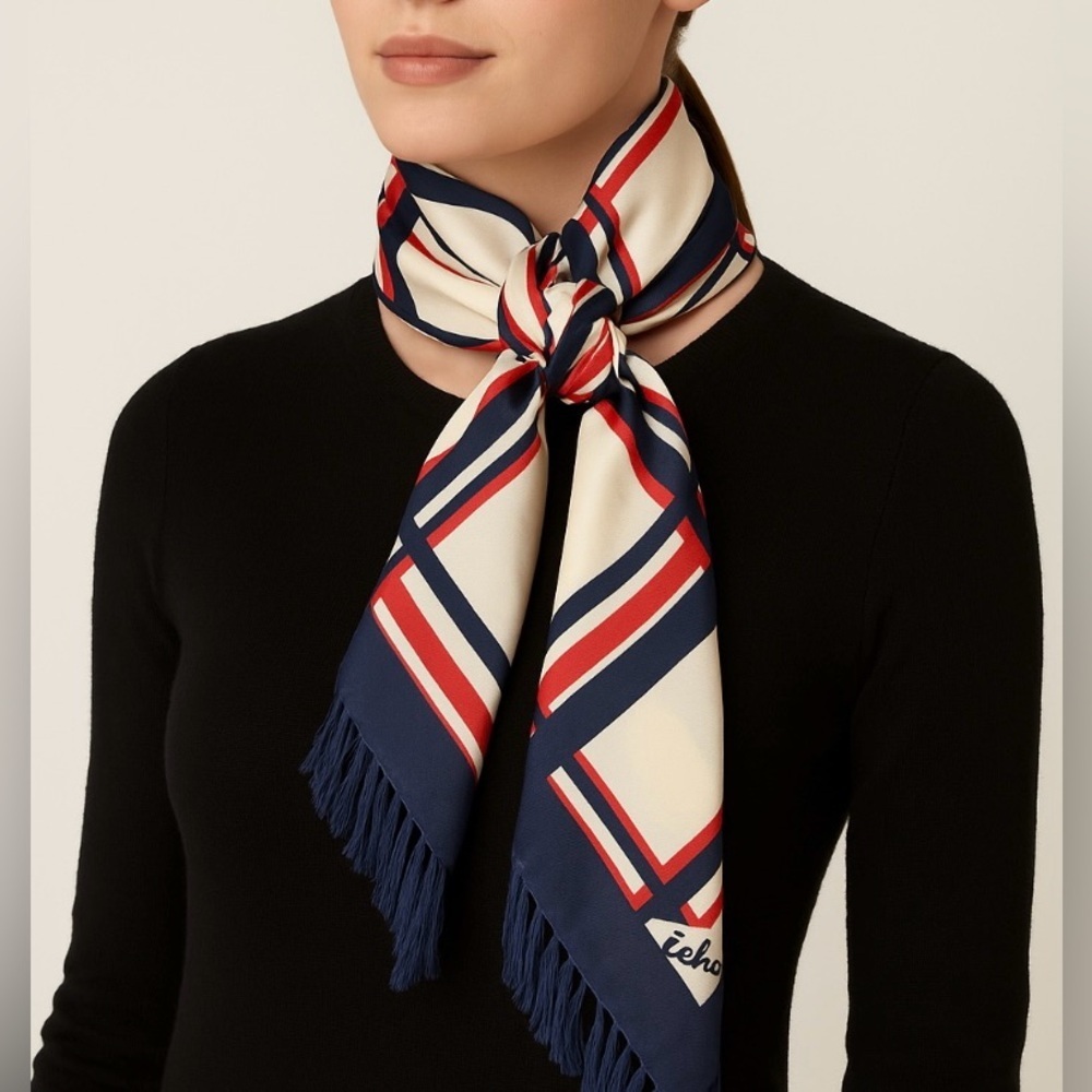 Vintage Silk Echo Plaid Criss Cross Scarf Red White Blue Fringe